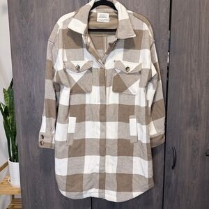 Ashley by 26 International Tan White Buffalo Plaid Longline Shacket Jacket Large